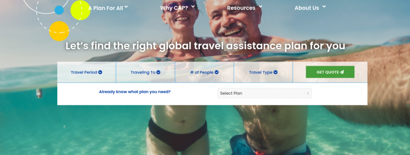 screenshot of website homepage with happy couple swimming and quick quote widget shown below headline "Let's find the right global travel assistance plan for you"