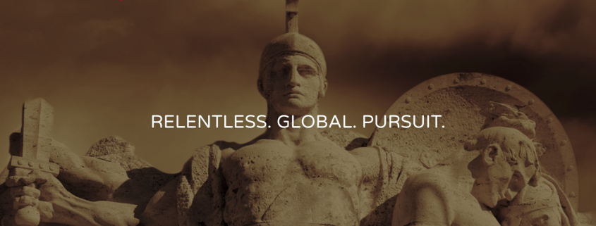 stone statue of gladiator with Sequor Law logo and headline "RELENTLESS. GLOBAL. PURSUIT."
