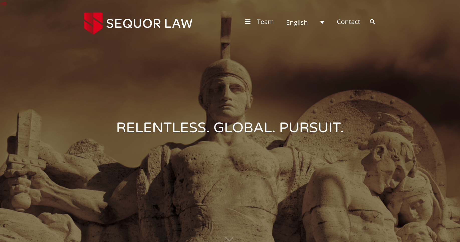 stone statue of gladiator with Sequor Law logo and headline "RELENTLESS. GLOBAL. PURSUIT."