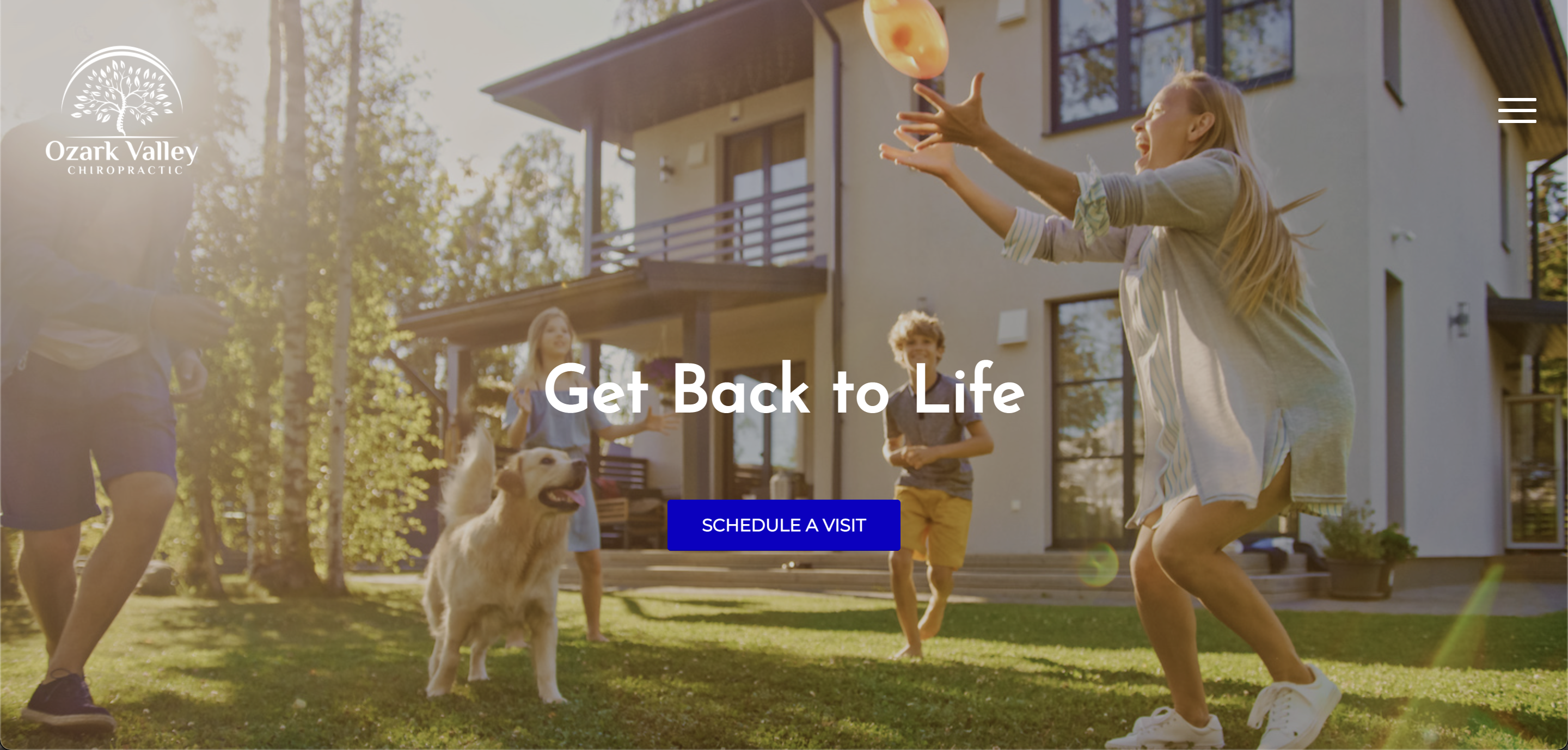 image of family playing in backyard with Ozark Valley Chiropractic logo and headline "Get Back to Life"