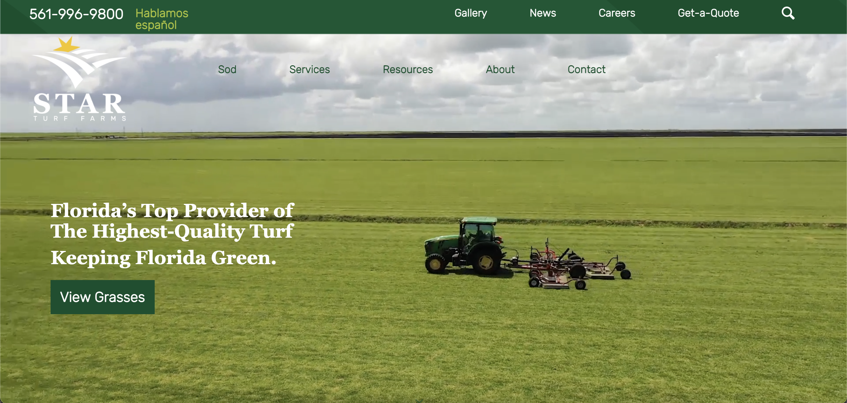 image of tractor shown on website homepage with Star Turf Farms logo and headline "Florida's Top Provider of The Highest-Quality Turf Keeping Florida Green." and call to action to view grasses