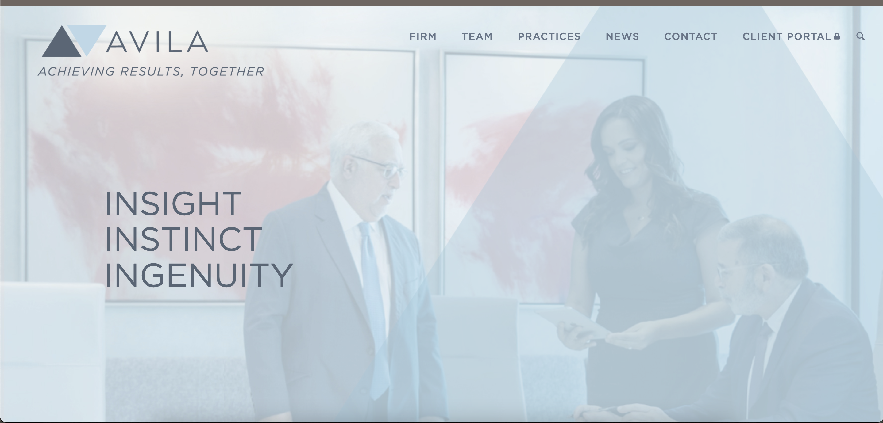 image of three people shown on website homepage with AVILA logo and headline "Insight, Instinct, Ingenuity"