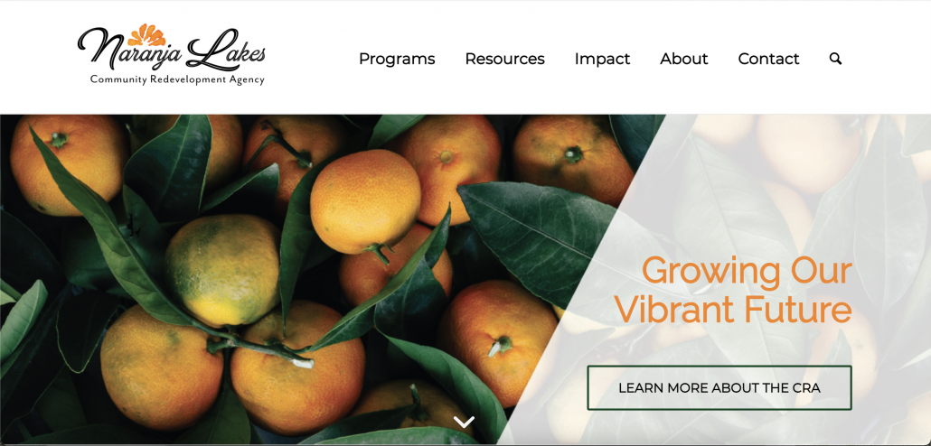 pile of citrus fruit shown under Naranja Lakes logo and menu, with headline "Growing Our Vibrant Future" and call to action to learn more about the CRA