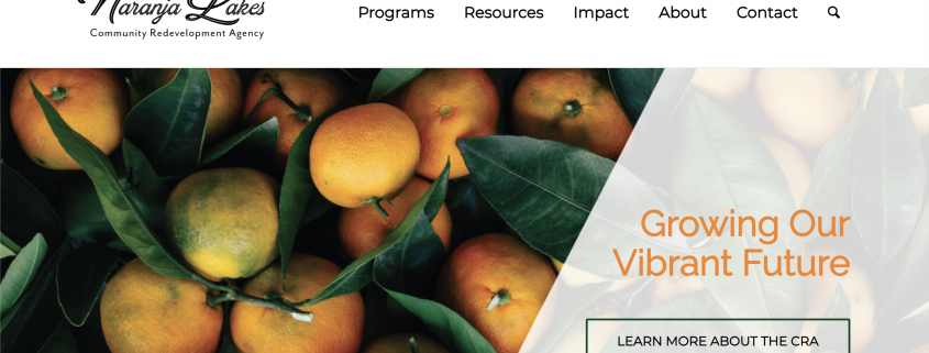 pile of citrus fruit shown under Naranja Lakes logo and menu, with headline "Growing Our Vibrant Future" and call to action to learn more about the CRA