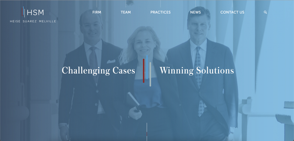 image of three people shown on website homepage with HSM logo and headline "Challenging Cases, Winning Solutions"