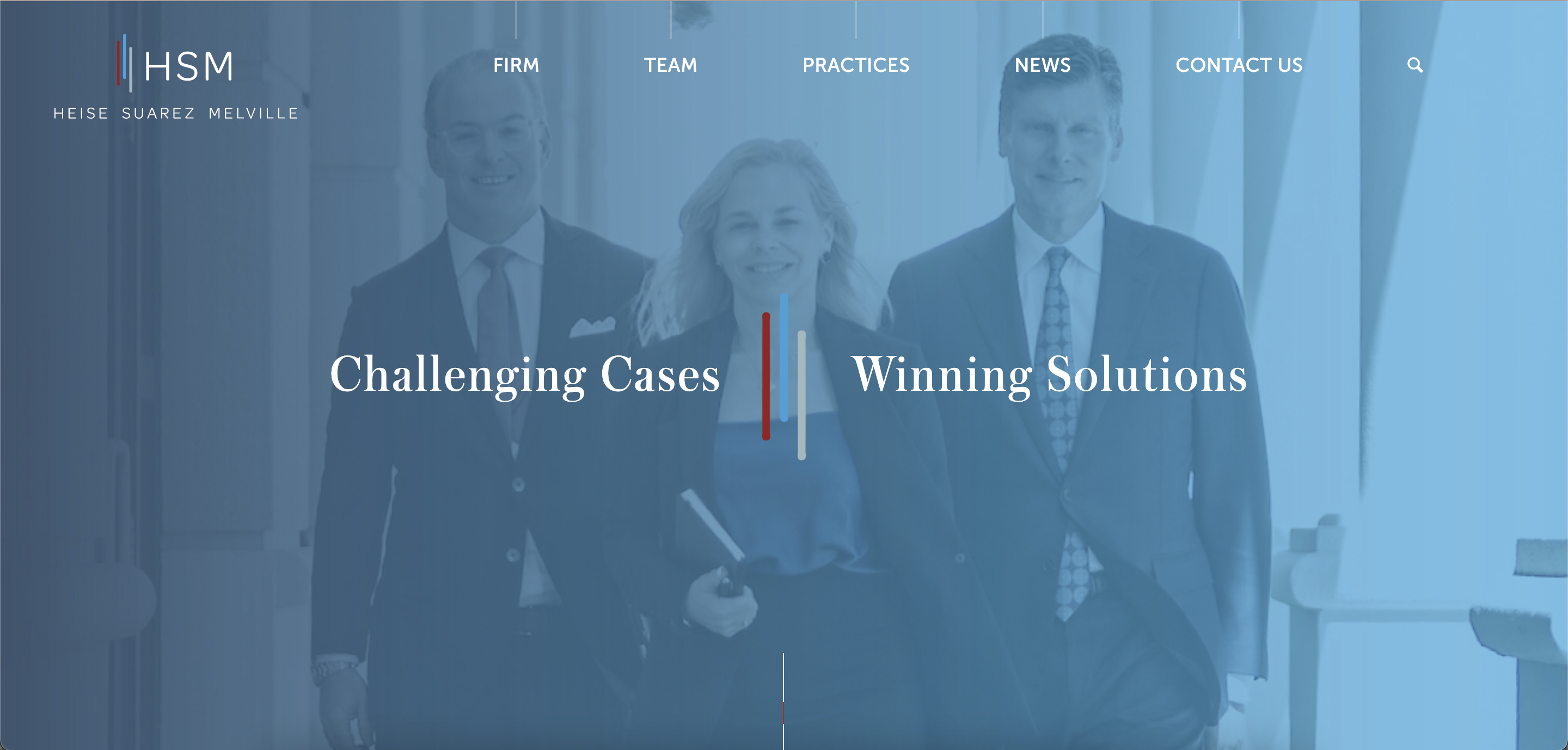image of three people shown on website homepage with HSM logo and headline "Challenging Cases, Winning Solutions"
